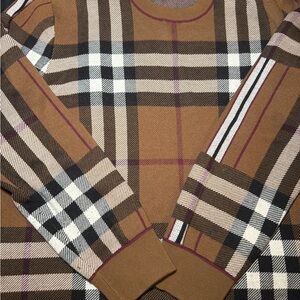 Burberry Camel Plaid Crewneck Sweater with Black & White Accents